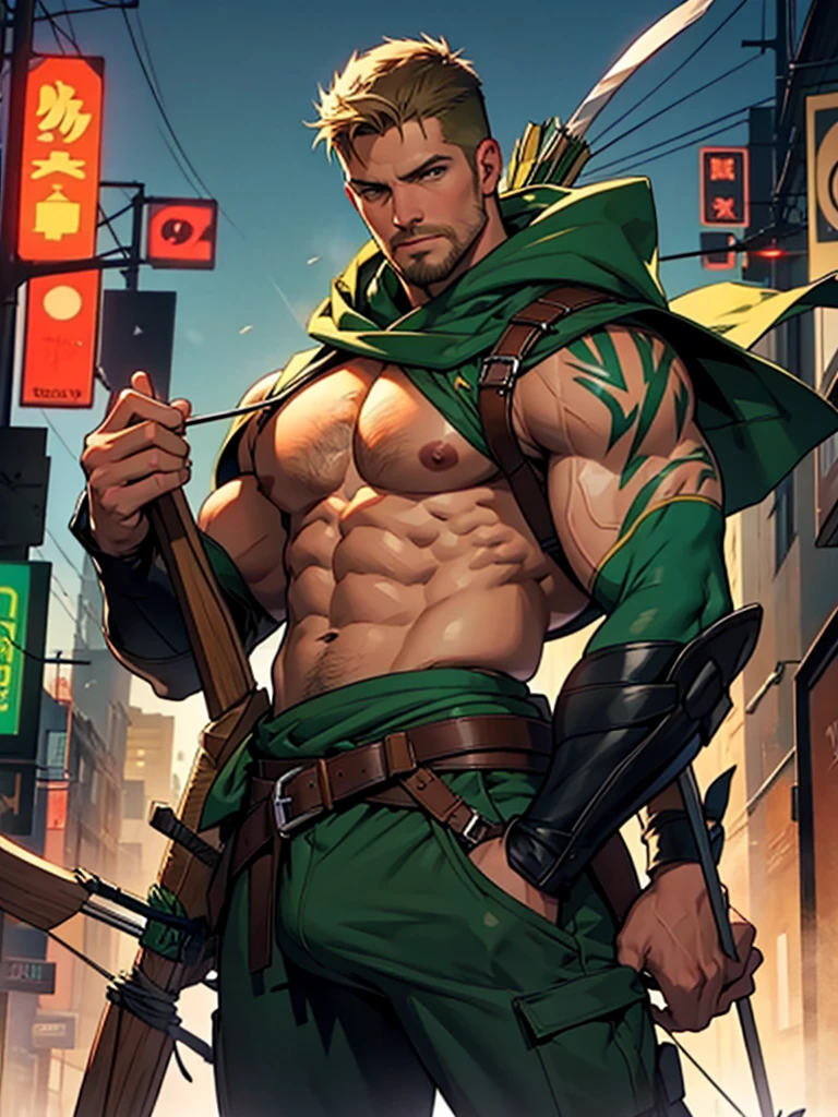 NSFW, 32k, high quality , detailed face , detailed fingers ,detailed muscles  stephen amell as green arrow , wearing blackish green outfit   , showing a dark blond short hair , a thick facial hair like daddies, a bulge ,hunk and handsome, shooting  his  arrows with a bow toward the ennemies , in action , with the quiver on his back full of arrows background sky and city at night 