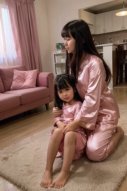 Asian Kids Daughter kissing Asian mother with pink satin pajamas, Long Hair with Bangs, Friendly, Full Body, Living Room.