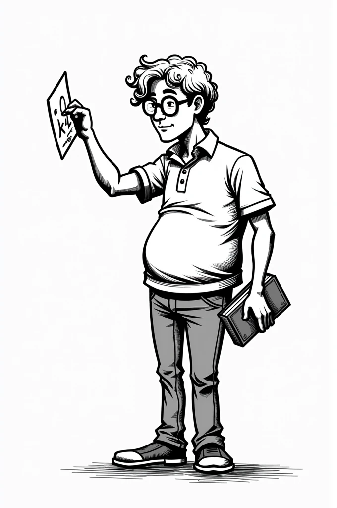 Un homme dessine noir et blanc bd debout blond cheveux frisés lunettes rondes pantalon court un livre dans une main l'autre bras perpendiculaire au corps et arqué un petit ventre 