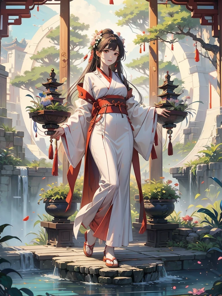 Magnificent View、Outdoor、High definition、Holy Maiden、Shrine maiden、With many flowers blooming、Chestnut Hair(The center is silver、The tips of the hair turn red)、whole body、Jade Eyes、Dance dedicated to the gods、Votive dance、Floating Island、Hanging Garden
