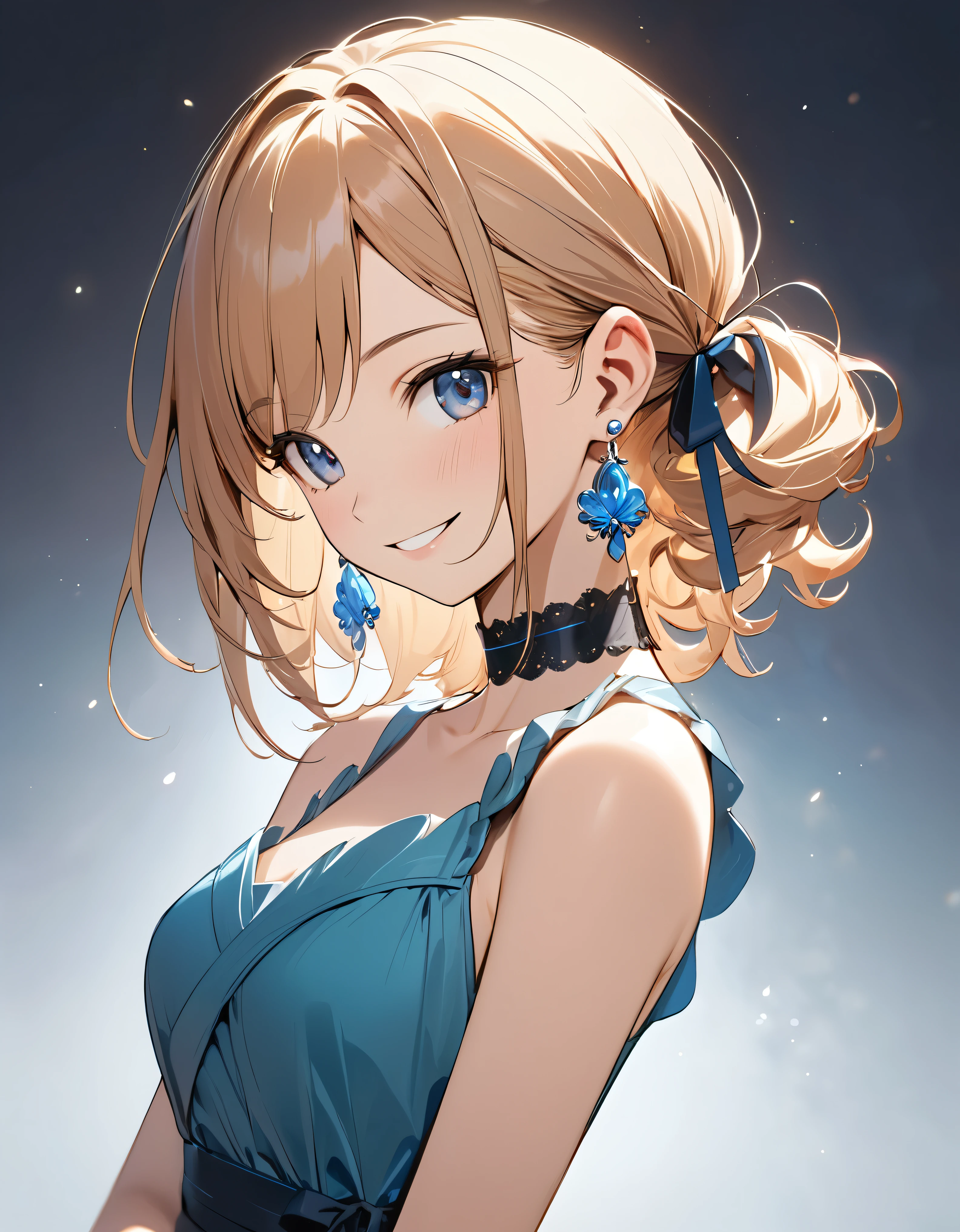 best quality, beautiful, hair tie, 8K, happy face, side body, head tilt look view, slim, dress, earrings, choker, concept