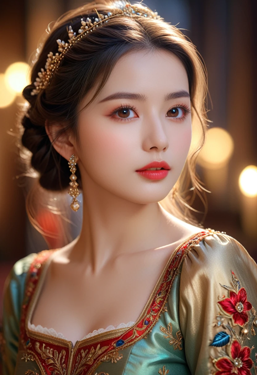 a beautiful young woman, detailed eyes, elegant lips, luscious eyelashes, exquisite skin with realistic sheen and lighting, perfect anatomical features, elaborately decorated outfit, detailed romantic background, 1girl, shallow depth of field, best quality, 4k, 8k, highres, masterpiece, ultra-detailed, realistic, photorealistic, photo-realistic, HDR, UHD, studio lighting, ultra-fine painting, sharp focus, physically-based rendering, extreme detail description, professional, vivid colors, bokeh