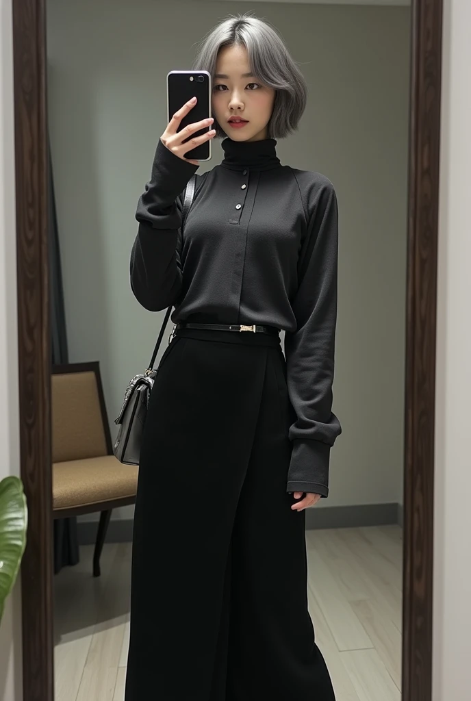 highly detailed, beautiful, hyper Realistic girl, masterpiece, best quality, Japanese sexy gravure woman, 28 years old, identity hidden, takes a selfie in her room using a smartphone in front of a mirror with one hand, fashion model Posing, looking away from the camera, /// gray short hair, light color eyes, Realistic skin, Detailed face, /// black-themed, futuristic-inspired fall outfit, black asymmetrical collared long shirt with a sleek, form-fitting turtleneck in a soft gray fabric. Combine this with high-waisted black layered maxi skirt made from a modern silhouette, Footwear should include black, futuristic sneakers with Thick soles. Accessories might involve a slim, metallic belt and a minimalist silver crossbody bag. The overall look should blend modern functionality with futuristic elements, offering a fresh, forward-thinking take on autumn fashion, /// Monotone simple modern taste single room, mirror, complicated background