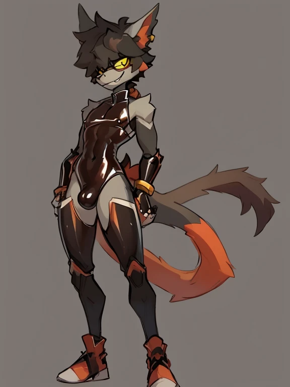 Male, robot wolf, detailed yellow eyes, long tail, big nipples, slim, sly, simple background,, smirk, bulge, glasses, tail wrapping around body,aak,Sexy latex swimsuit,full body,footwear