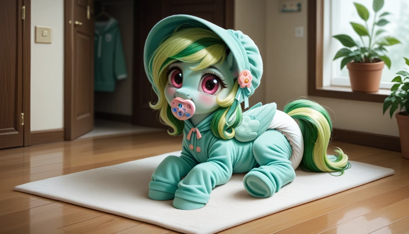 pony, Pegasus, emerald green fur, a lush mane, gathered into an adult size bonnet, bushy tail, adult mare, sitting in the room on a soft play mat, wearing an adult-sized onesie and booties, pacifier in mouth, solo, thick diaper under clothes, pink blush on cheeks, Embarrassment, Awkwardness.