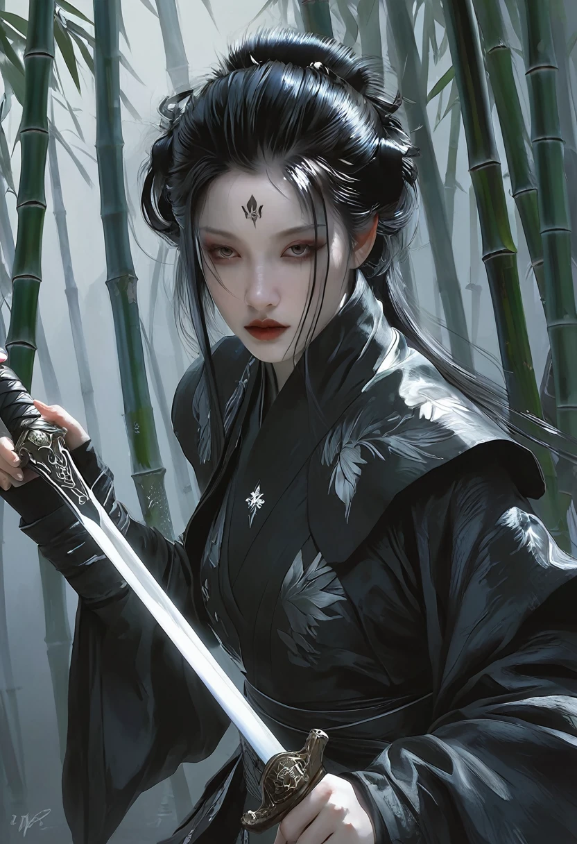 A woman with black hair and white skin, artwork in the style of Gu Weiss, Gu Weiss, the style of WLOP, ross tran and WLOP, Inspired by WLOP, Eve Ventro, in style of WLOP, WLOP and ross tran, Pan Chengwei on artstation, best on WLOP, WLOP |,A long sword hangs from his waist,bamboo forest