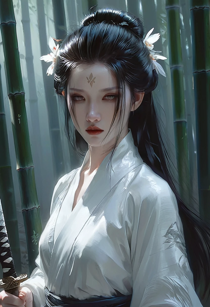 A woman with black hair and white skin, artwork in the style of Gu Weiss, Gu Weiss, the style of WLOP, ross tran and WLOP, Inspired by WLOP, Eve Ventro, in style of WLOP, WLOP and ross tran, Pan Chengwei on artstation, best on WLOP, WLOP |，A long sword hangs from his waist，bamboo forest