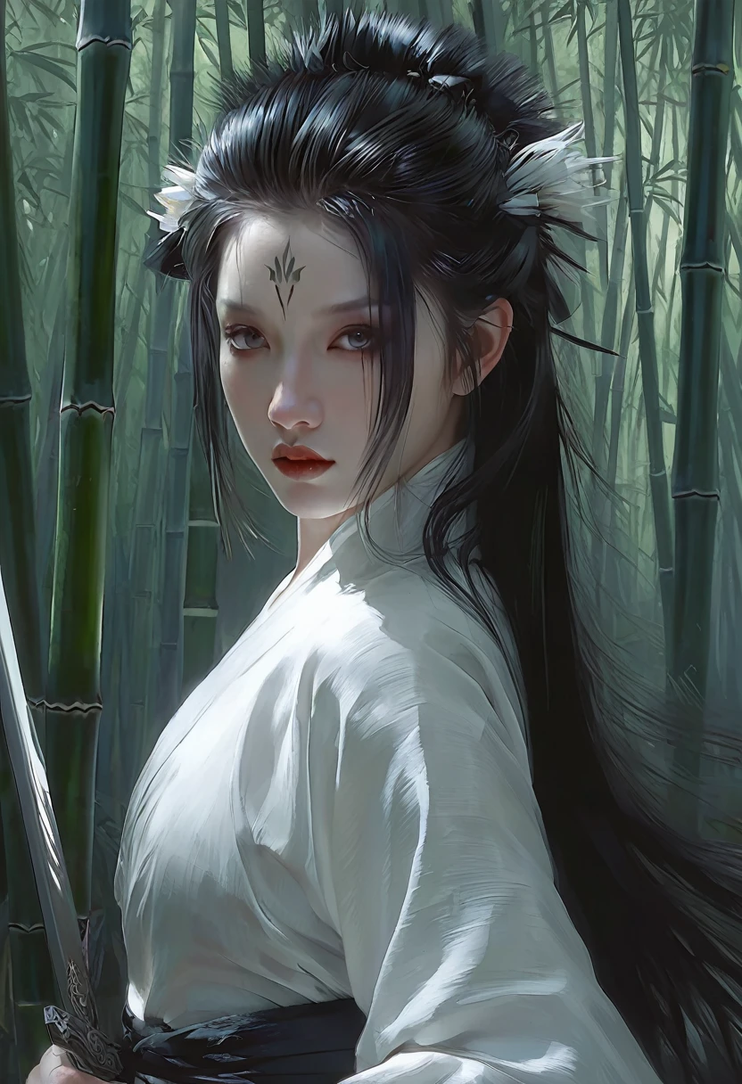 A woman with black hair and white skin, artwork in the style of Gu Weiss, Gu Weiss, the style of WLOP, ross tran and WLOP, Inspired by WLOP, Eve Ventro, in style of WLOP, WLOP and ross tran, Pan Chengwei on artstation, best on WLOP, WLOP |，A long sword hangs from his waist，bamboo forest