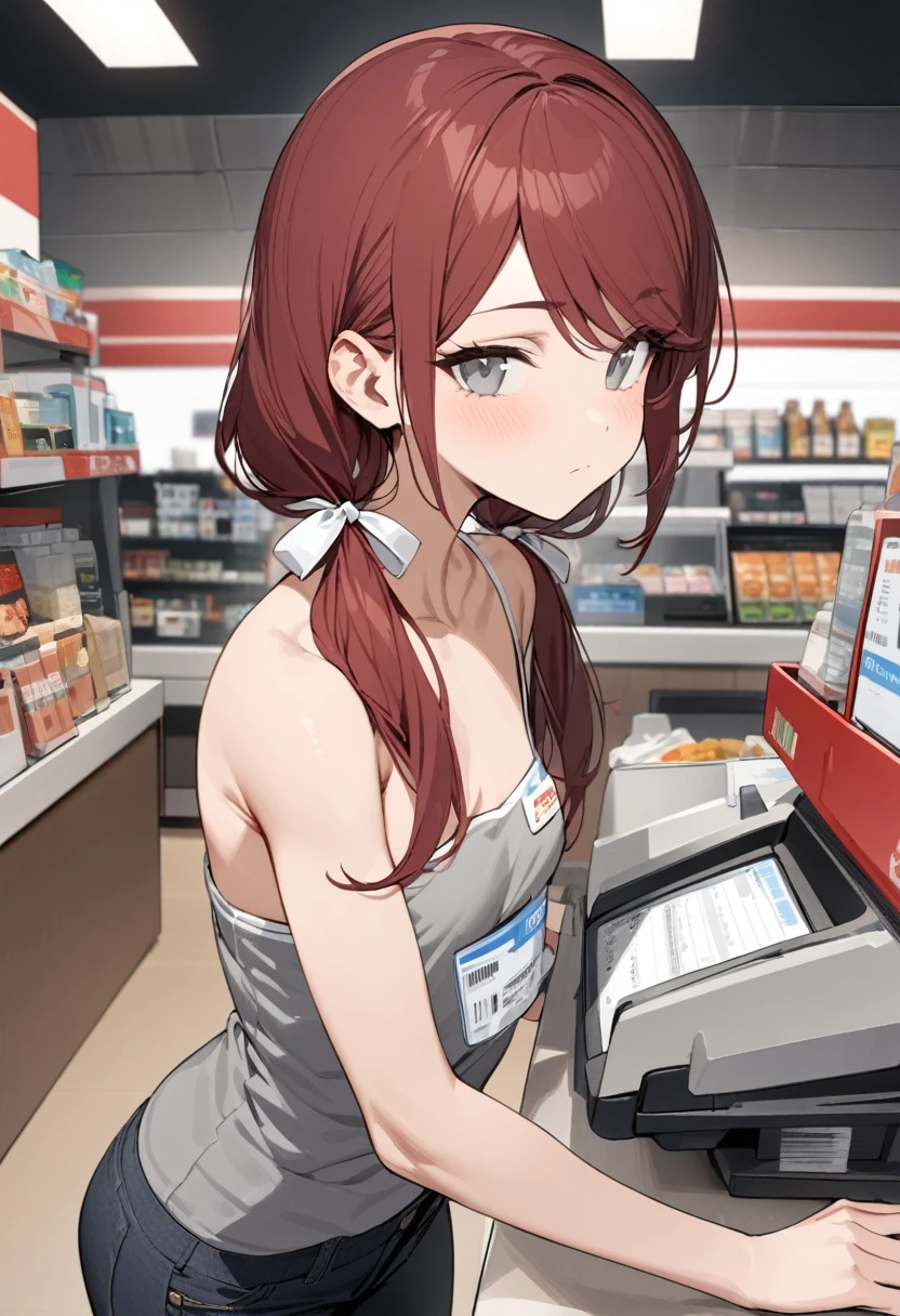 Masterpiece, highres, high Quality, detailed face, over-the-shoulder shot, solo, working behind counter, Gray eyes, dark red hair, swept bangs, low twin tails, white ribbons, gray strapless tank top with white trim, nametag, black jeans, small breasts, toned arms, cashier, closed mouth, convenience store, counter,