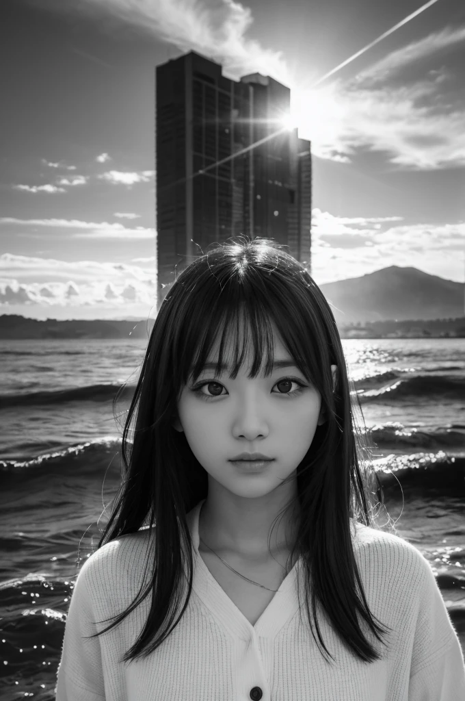 high quality、8K Ultra HD、女神のシルエットとサンセットコーストを組み合わせた美しいDouble Exposure、The Sunset Coast serves as a backdrop.、The details are captured by the Goddess、Crisp lines、The background is monochrome、Sharp focus、Double Exposure、By yukisakura、Amazing full color。
