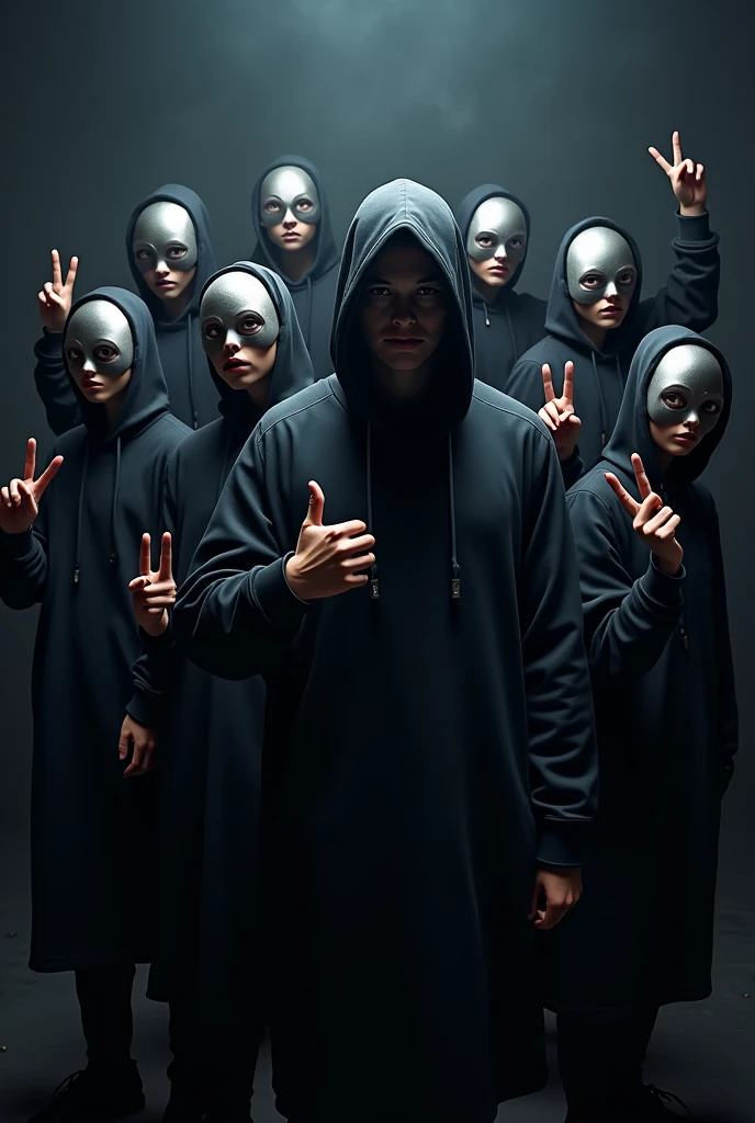 Here's an updated description you can use:
"Generate an image of the Hidden Chronicles, a group of 10 members. The group consists of one adult and nine students from grades 6 to 8. They are all wearing sleek, modern masks, adding to their mysterious vibe. The members are striking cool poses, with some making hand signs like peace signs, rock and roll gestures, or finger guns. The adult stands confidently among them, leading the group. The background is dark and atmospheric, with subtle lighting that emphasizes their presence, creating a sense of a secret, underground movement."