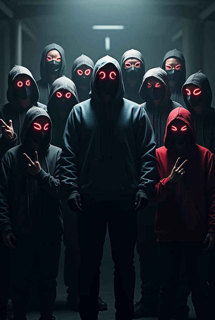 Here's an updated description you can use:
"Generate an image of the Hidden Chronicles, a group of 10 members. The group consists of one adult and nine students from grades 6 to 8. They are all wearing sleek, modern masks, adding to their mysterious vibe. The members are striking cool poses, with some making hand signs like peace signs, rock and roll gestures, or finger guns. The adult stands confidently among them, leading the group. The background is dark and atmospheric, with subtle lighting that emphasizes their presence, creating a sense of a secret, underground movement."