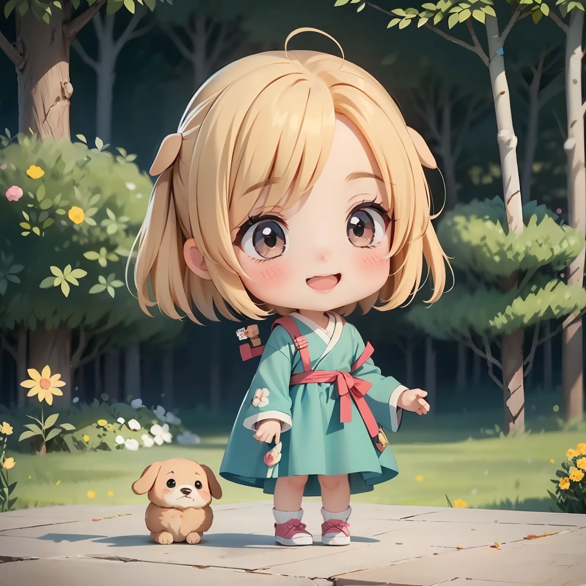 Super Chibi Character：1.8、Blonde Hair、Cute 7 year old girl、Super Chibi Character：1.8、Super Smile、smile、Playing with a dog
