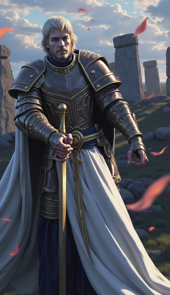 8k resolution quality wallpaper, in the style of digital illustration, illustrating king Arthur with golden bright hair, wearing a majestic golden armor, raising the Excalibur to the sky,  Stonehenge's stones can be seen in the background, dramatic clouds in the sky, bright and cheerful color temperature