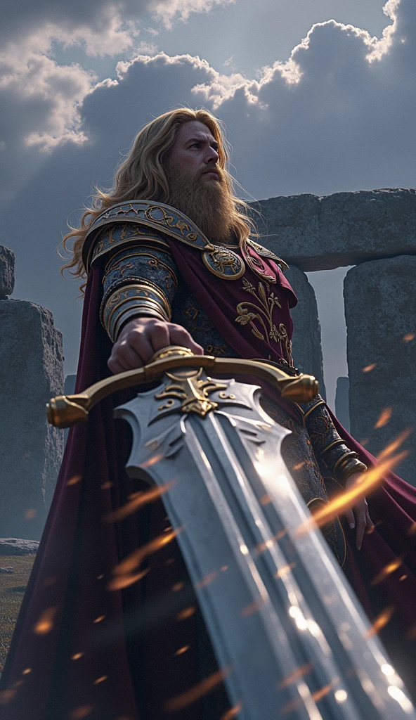 8k resolution quality wallpaper, in the style of digital illustration, illustrating king Arthur with golden bright hair, wearing a majestic golden armor, raising the Excalibur to the sky, Stonehenge's stones can be seen in the background, dramatic clouds in the sky, bright and cheerful color temperature