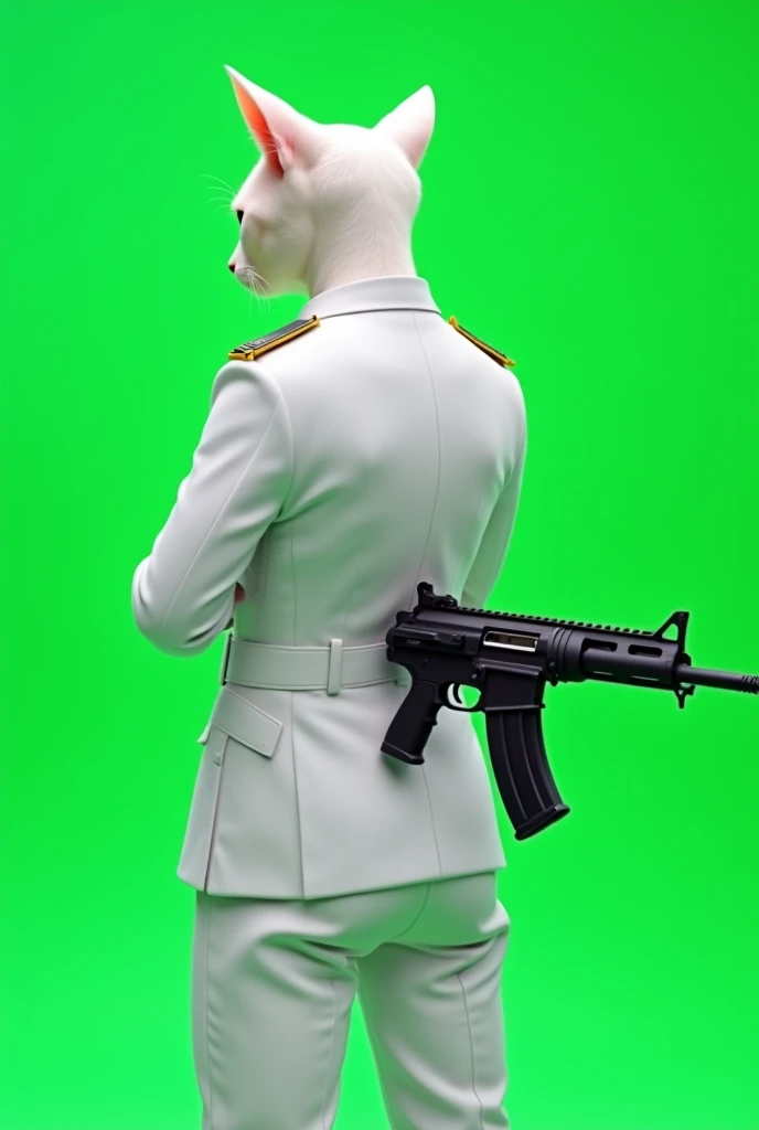 Full rear viewed, A white uniforms soldier cat standing with a gun in his hand. Plain full green screen background