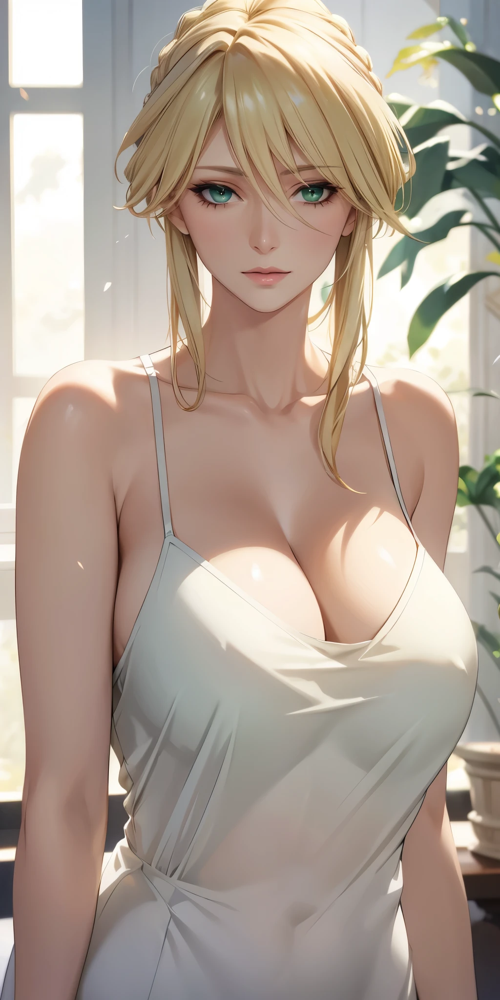 Elegant mature female, artoria pendragon, green eyes, blonde hair, soft light, 4k resolution, high quality, beautiful cg
