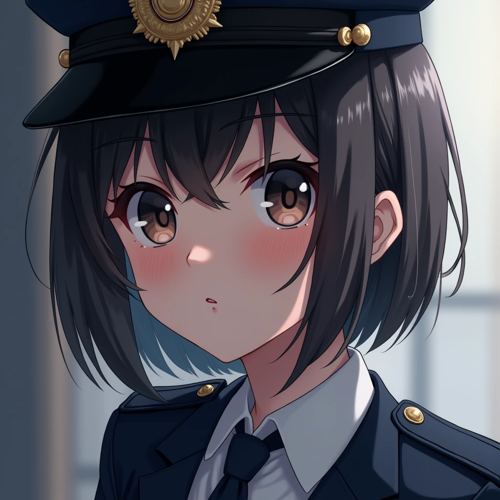 Koneko Toujou, 1girl, police uniform, police hat, policewoman, small breasts, detailed eyes, detailed face, detailed lips, long eyelashes, realistic, photorealistic, photo-realistic, high quality, 8k, ultra-detailed, masterpiece, professional, studio lighting, physically-based rendering, vivid colors, fantasy, anime, anime art