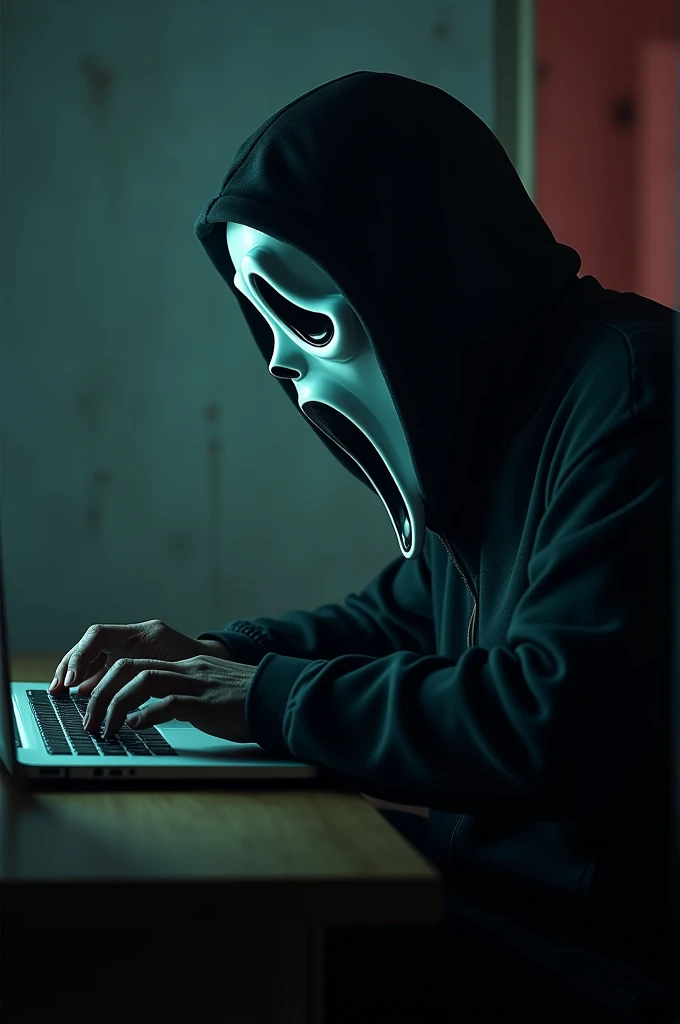 Ghostface typing on a computer
