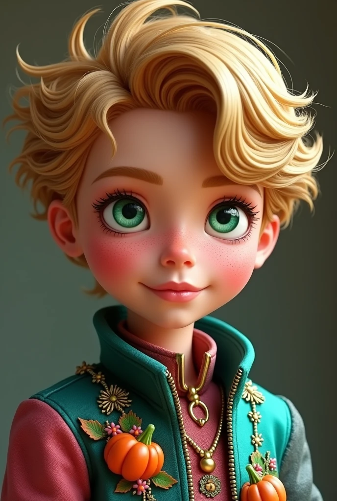 Imagem do filho da Briar Beauty e da Ashlynn Ella de Ever After High: LnF , A boy with golden hair, greeneyes, peach skin with freckles, dark pink outfit with aqua green and elements of roses and pumpkins on the outfit