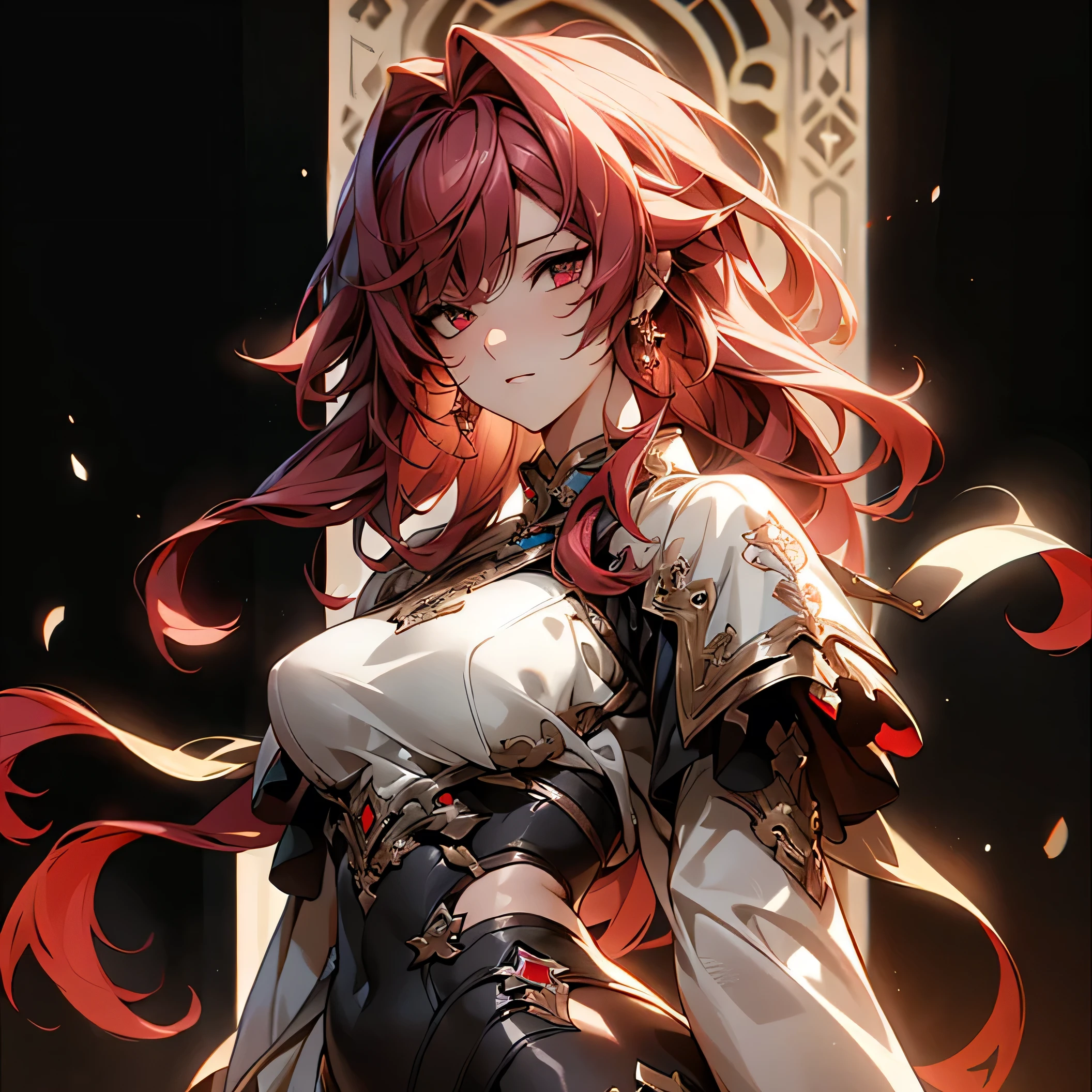 (best quality)), ((Masterpiece)), (details:1.4), 3d, HDR (high dynamic range), an image of a beautiful cyberpunk female, Red hair, Curtain Bangs, Red eyes, hips up, จมูกโด่ง, ปากแดง, หน้าอกใหญ่, nvidia RTX, PBR surface, After processing, Anisotropic filtration,depth of field, Maximum clarity and clarity, multi-layered surface, Subsurface scattering, perfect proportions, 8K raw files, ultra detailed, Perfect proportions, volumetric lighting, soft lighting, Holy Paladin, Heavy Black Armor, intricate silver embroidery, glossy skin, gorgeous, intricate grey background, strong back lighting, jewely, ต่างหู , นิ้วมือสมบูรณ์, กระโปรงสั้น