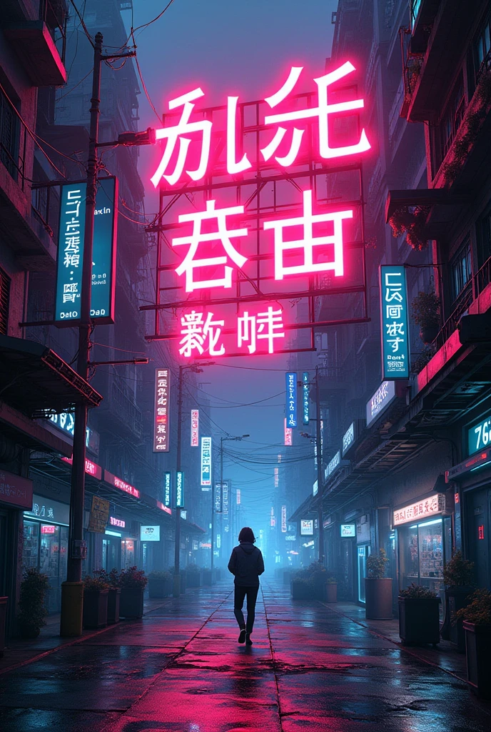 Complex typographic poster, Anime style font, big text, Dramatic Lighting, Vibrant colors, Neon lights, Future science fiction elements, Detailed text, Dynamic Synthesis, Melancholy atmosphere, sharp contrast, Urban Cyberpunk Aesthetics, Intricate details, Seamless Integration, Excellent execution