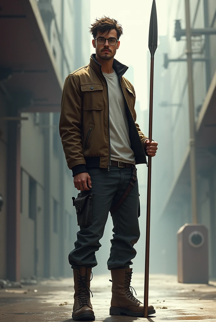 Tall lean man with glasses, short messy hair with light mustache, spear, modern clothes, full body