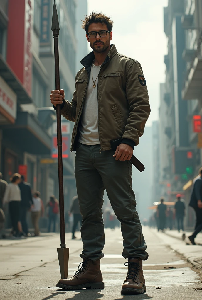 Tall lean man with glasses, short messy hair with light mustache, spear, modern clothes, full body