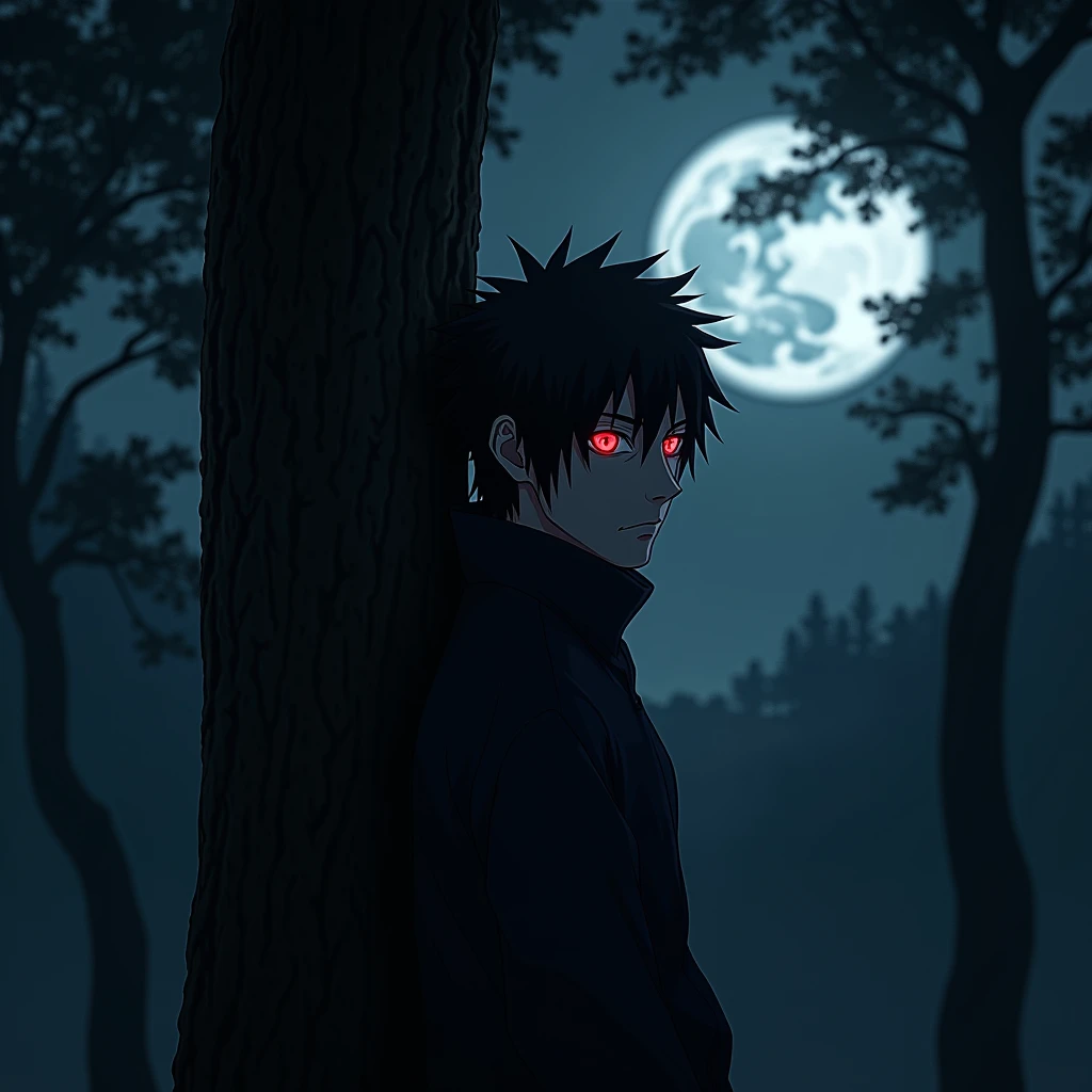(masterpiece:1.2) (best quality) (detailed) (intricate) (8k) (HDR) (wallpaper) (cinematic lighting) (sharp focus), Sasuke,sharigan,red glowing eyes in the dark,black outlines in the eye, leaning against a tree,night time, extremely dark, outline of Sasuke and his crimson red eyes in the dark, moonlight shining through the branches, Naruto artstyle