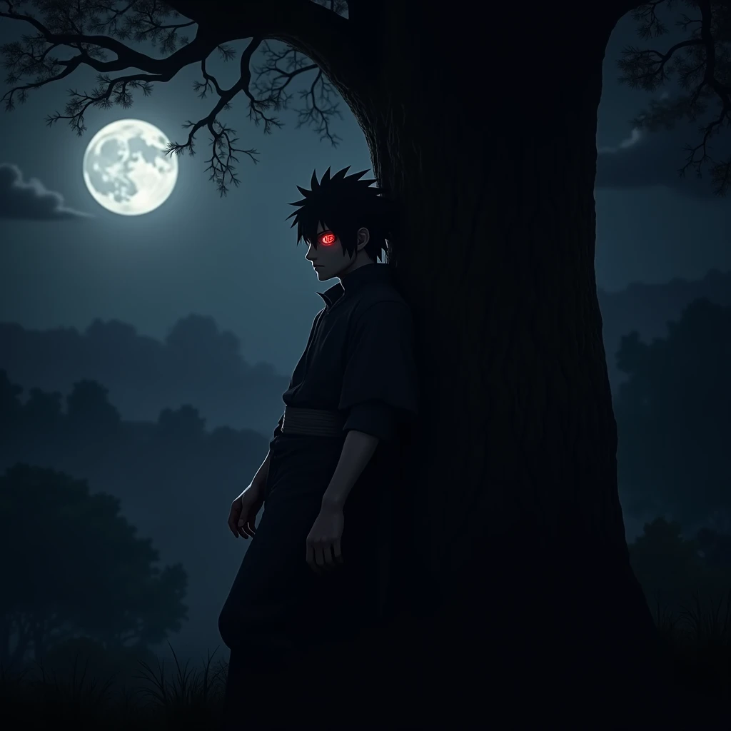 (masterpiece:1.2) (best quality) (detailed) (intricate) (8k) (HDR) (wallpaper) (cinematic lighting) (sharp focus), Sasuke,sharigan,red glowing eyes in the dark,black outlines in the eye, leaning against a tree,night time, extremely dark, outline of Sasuke and his crimson red eyes in the dark, moonlight shining through the branches, Naruto artstyle
