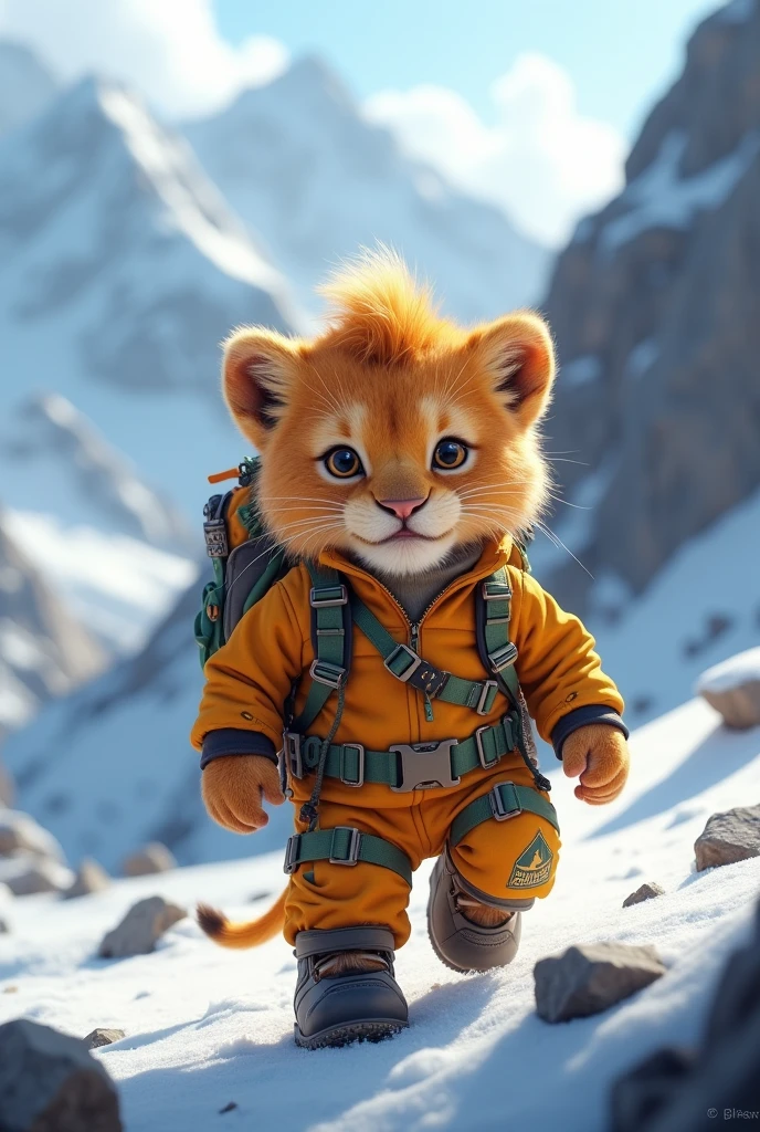 Little lion in mountaineering clothes