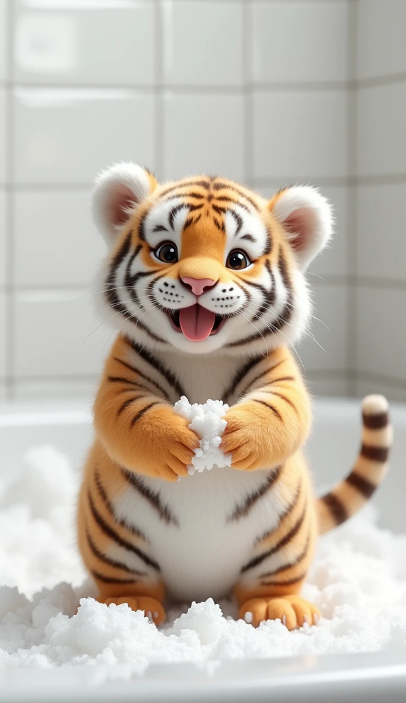 A chubby and cute little tiger baby, Very fat,Big bright eyes, Cute and cuddly,Fluffy, Delicate and exquisite, Realistic little tiger,The expression is very cute and sticking out tongue is very cute,Play with real white foam in the bathroom,Pure white high-end bathroom background