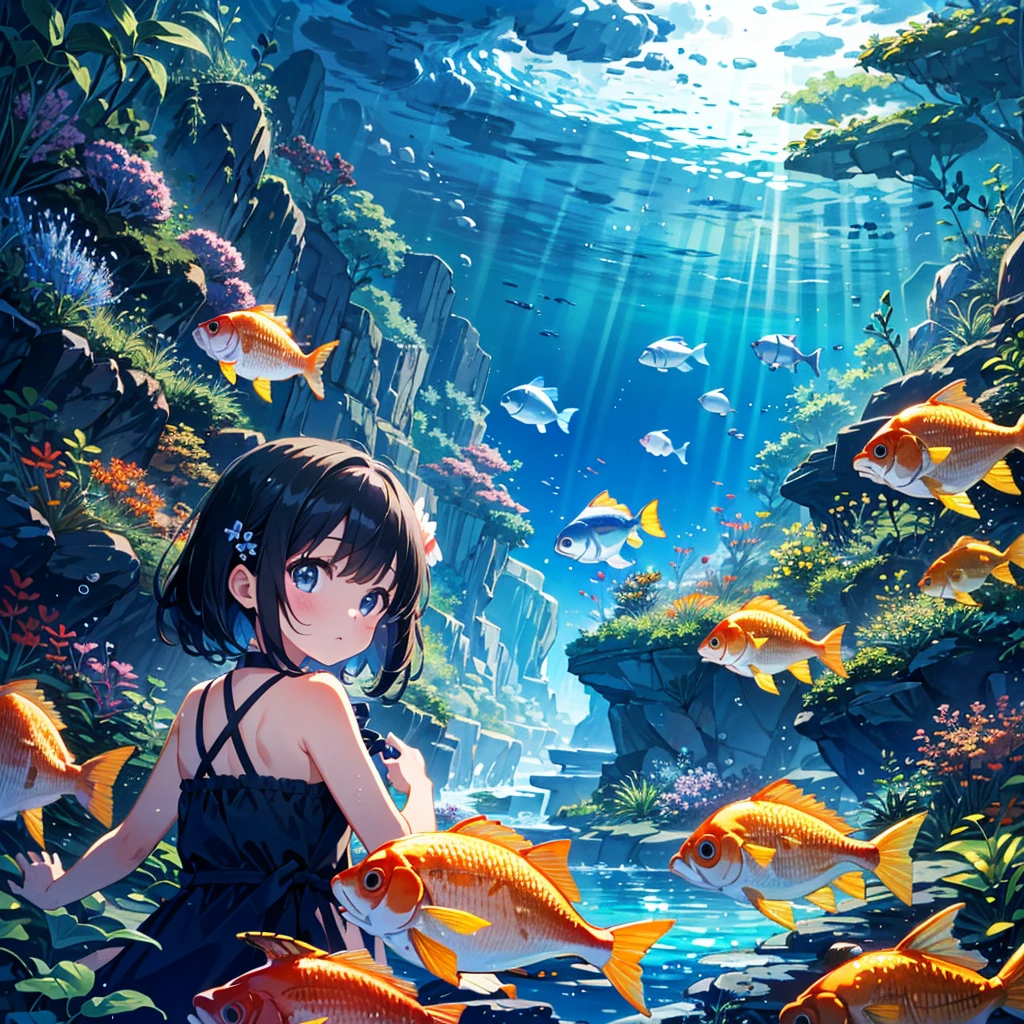 {{{Masterpiece, highest quality, high resolution background}}}, bright and beautiful atmosphere, 1 girl (7 years old, round face, baby face), small breasts, underwater, a girl in cute clothes feeds fish Do it, lots of tropical fish swimming in the water, fantastic scenery, "deltamon_sdXL :0.73)>Deltamon"