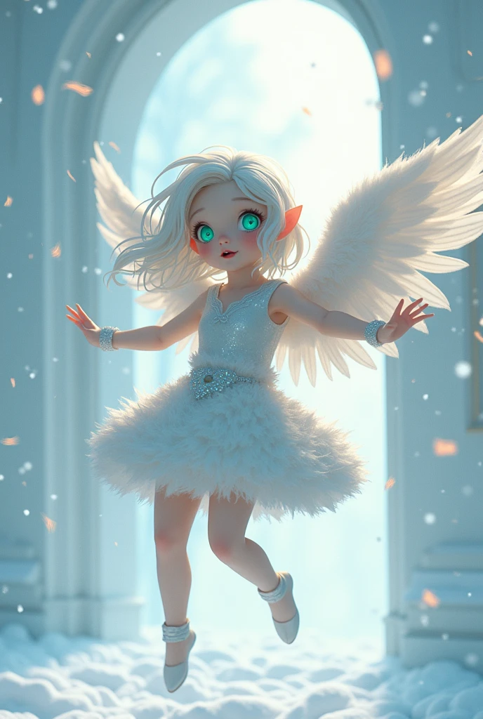 (background:snow scene, snow art museum, Asahikawa):1.33, (masterpiece, japanese_anime, official_art, octane-render):1.33, (a dancing angel hands up), detailed light orange shinning eyes,  (from below,airborne:1.2), (wide shot:1.3), (having detailed idol-type girls:1.1), (cherubic face,delicate facial features), (ennui,half-opened mouth,emphasis on facial expression), (extremely detailed gradient eyes), (sharp-long aquamarine eyes,half-opened eyes:1.2),(detailed green eyes, platinum hair,colored inner green ombre hair multicolored hair):1.21,  (color temperature), (Fluffy platinum scumbling colored shiny sequins armor,platinum long boots), (cinematic light,and particle light), colorful, dramatic shadows, light-shadow symmetry,(motion_blur, light trail, flying snow, moving at flying, straight):1.3, (scales, intricate details), dynamic pose, looking afar, outstretched arms,(shiny platinum wristband:1.3), ethereal lighting