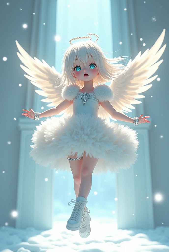 (background:snow scene, snow art museum, Asahikawa):1.33, (masterpiece, japanese_anime, official_art, octane-render):1.33, (a dancing angel hands up), detailed light orange shinning eyes,  (from below,airborne:1.2), (wide shot:1.3), (having detailed idol-type girls:1.1), (cherubic face,delicate facial features), (ennui,half-opened mouth,emphasis on facial expression), (extremely detailed gradient eyes), (sharp-long aquamarine eyes,half-opened eyes:1.2),(detailed green eyes, platinum hair,colored inner green ombre hair multicolored hair):1.21,  (color temperature), (Fluffy platinum scumbling colored shiny sequins armor,platinum long boots), (cinematic light,and particle light), colorful, dramatic shadows, light-shadow symmetry,(motion_blur, light trail, flying snow, moving at flying, straight):1.3, (scales, intricate details), dynamic pose, looking afar, outstretched arms,(shiny platinum wristband:1.3), ethereal lighting