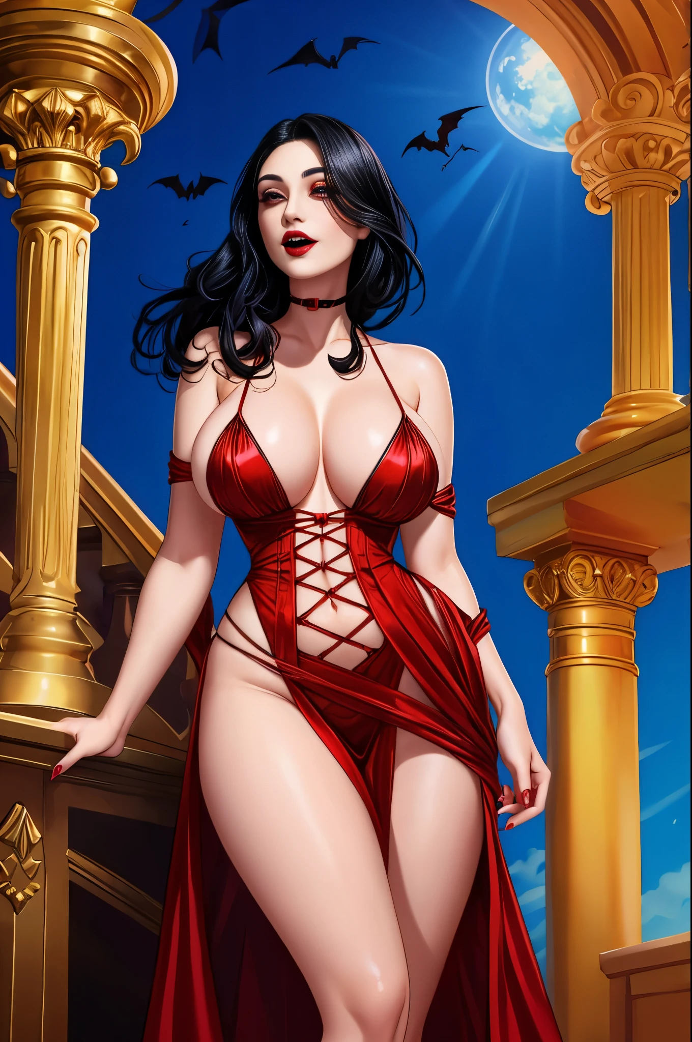 vampire wearing a revealing slinky dress, black hair, pale skin,