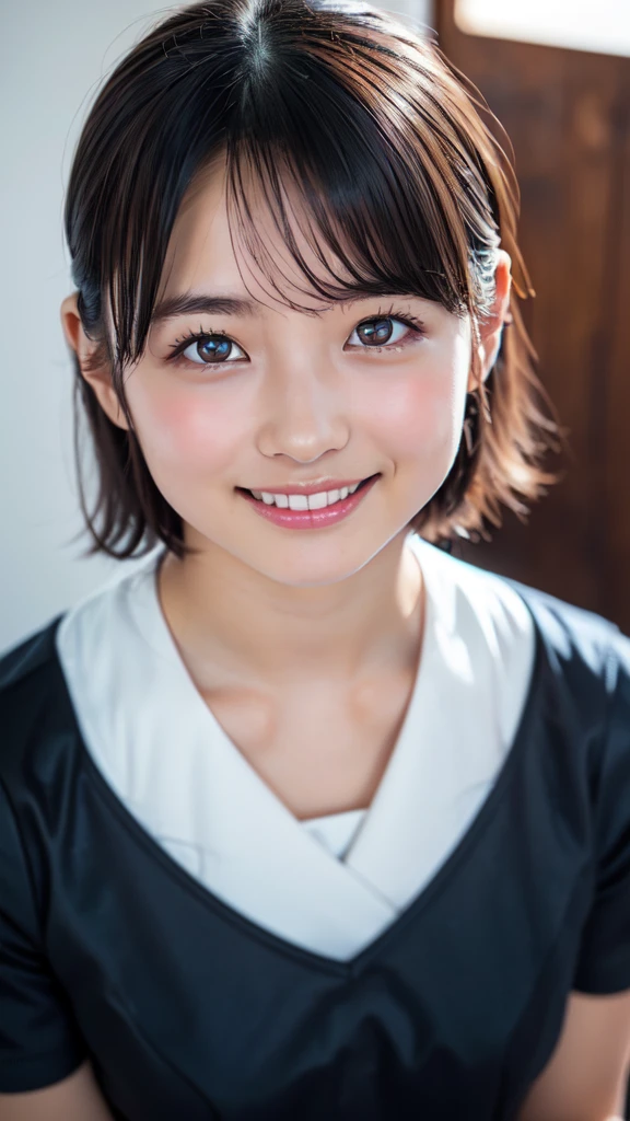 Highest quality, masterpiece, Ultra-high resolution, (Realistic:1.3), RAW Photos, (Upper Body), (18-year-old), (smile:0.9), (Glowing Skin), (short hair, Black Hair), (Ultra detailed face), (Highly detailed eyes), (Highly detailed nose), (Highly detailed mouth), (Very skilled hands), (Super-detailed body), Nikon, 85mm lens, f9.0, Pan Focus、(White dress),grassland,(((A very cute face like a top Japanese idol)))、Upper Body、(((Diagonal view from above)))、Small breasts、Face Focus、Raise your chin slightly、Look up diagonally、(((smile)))