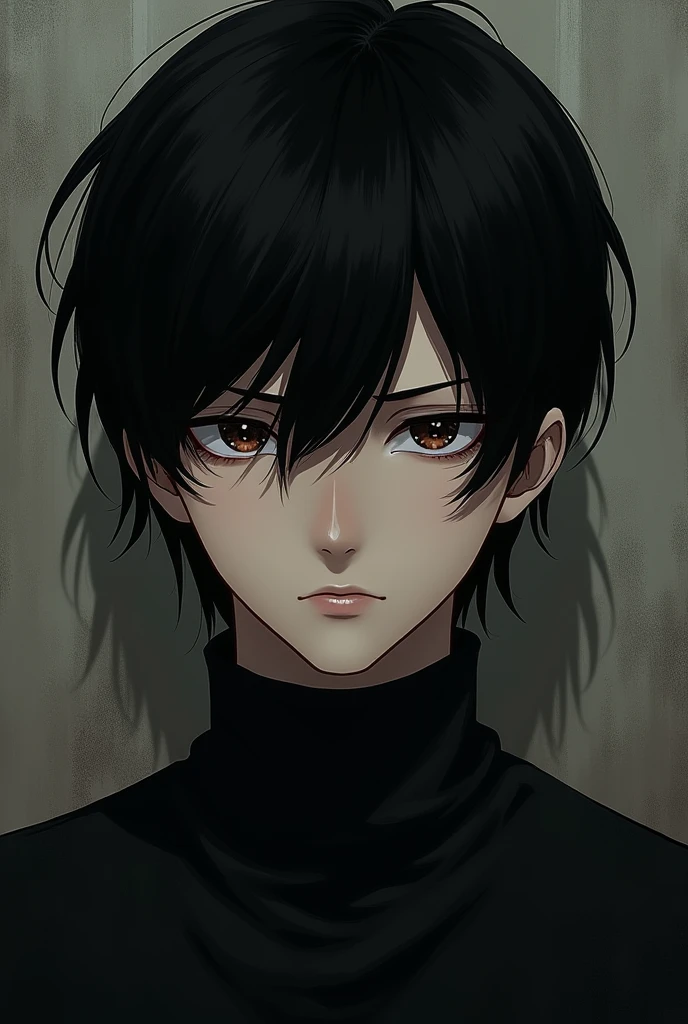 Anime, young man, black hair, black eyes, dark face