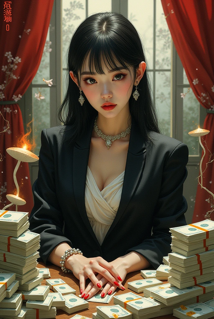 arafed woman sitting at a table with stacks of money, a portrait by Kanbun Master, reddit, hurufiyya, piles of money, cash on a sidetable, 🔞🤡, ❤🔥🍄🌪, made of money, 🔥 😎 🕹️ 👀 :2, 🚀🌈🤩, per un pugno di dollari, exclusive