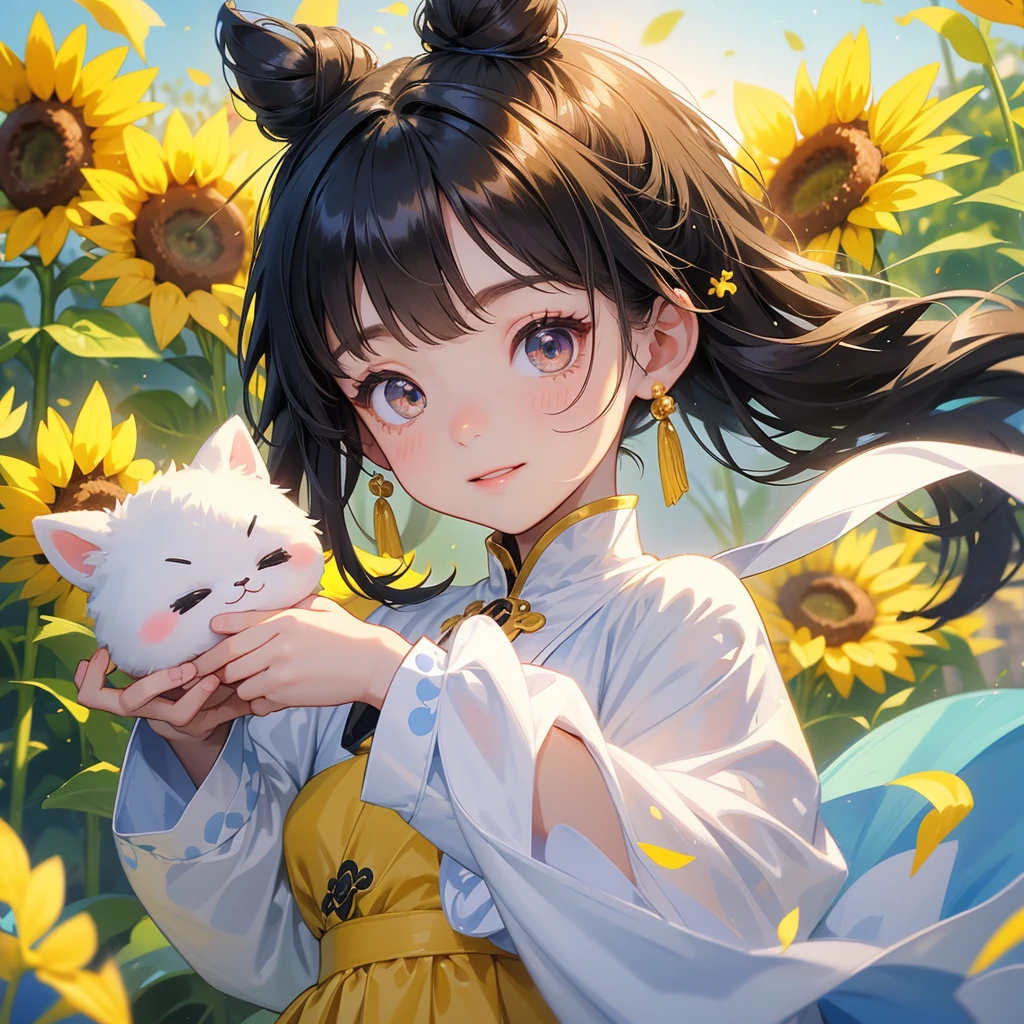 A chibi  girl had a small face and Wearing white little Taoist priest's outfit. A pair of big round eyes shone with curiosity about him. This childso cute, Strolling among the sunflower fields Glowing yellow.


her hair is black with two buns on her hair.small chibi, chibi baby, smil,Chibi.

