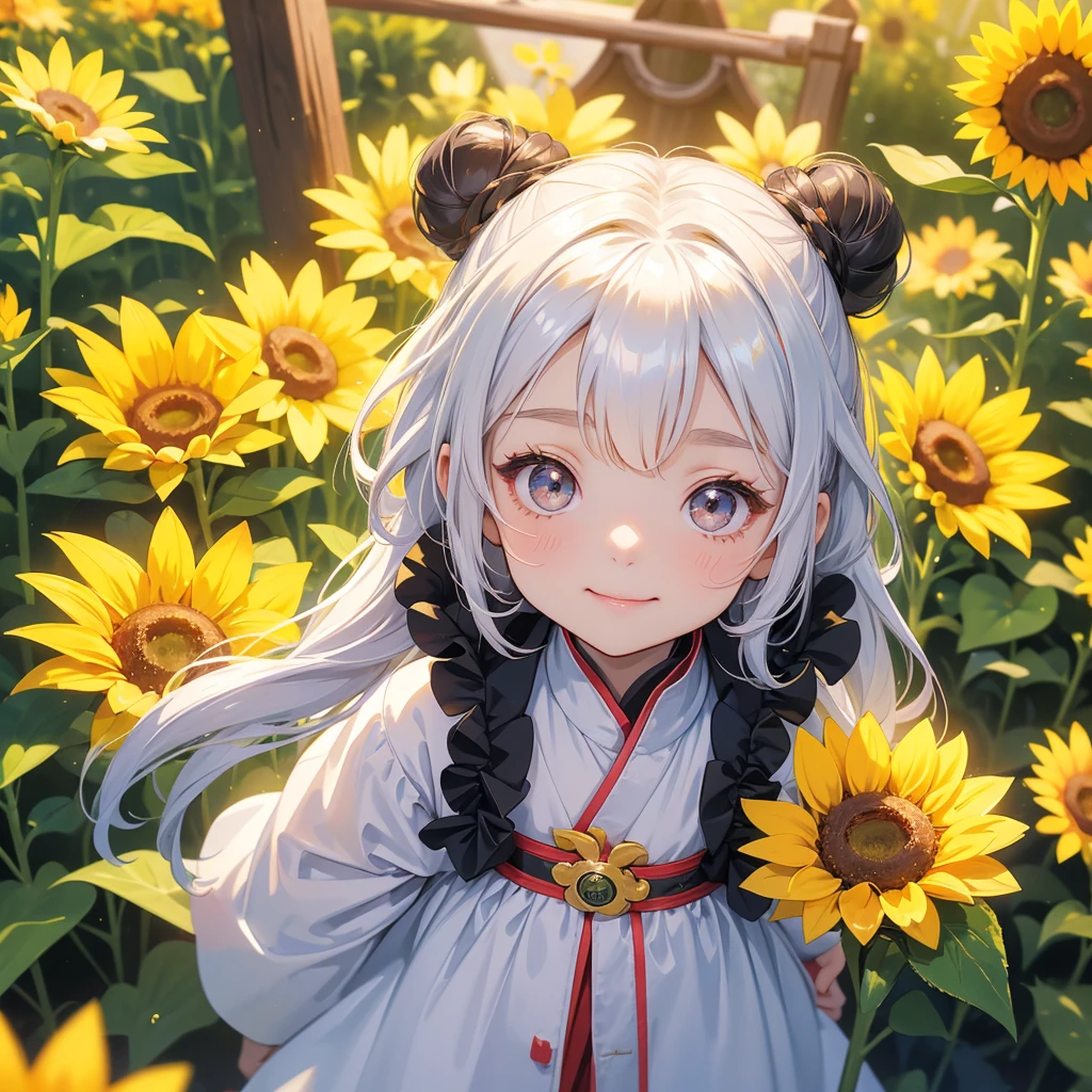 A chibi child girl had a small face and Wearing white little Taoist priest's outfit. A pair of big round eyes shone with curiosity about him. This child was so cute, Strolling among the sunflower fields Glowing yellow.
her hair is black with two buns on her hair.small chibi, chibi baby, smiling ,Chibi.
