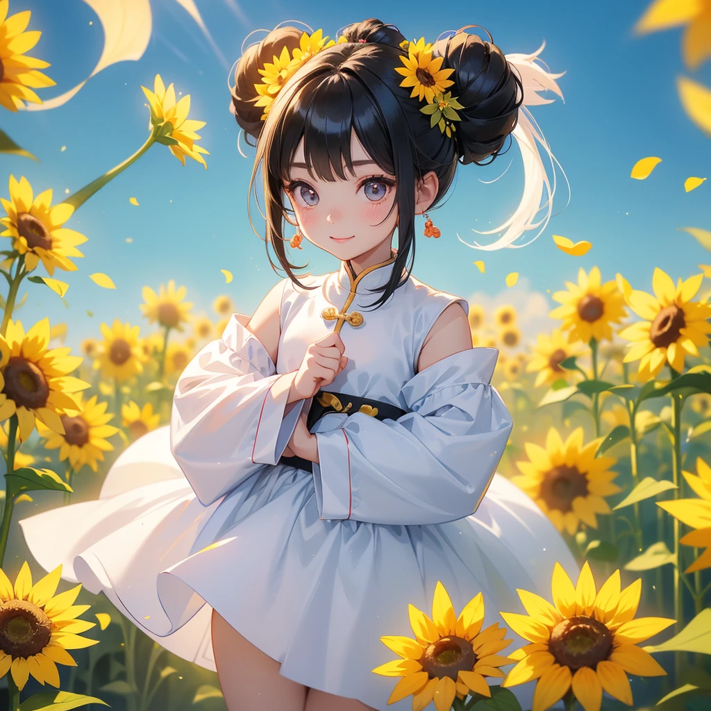 A chibi child girl had a small face and Wearing white little Taoist priest's outfit. A pair of big round eyes shone with curiosity about him. This child was so cute, Strolling among the sunflower fields Glowing yellow.
her hair is black with two buns on her hair.small chibi, chibi baby, smiling ,Chibi.