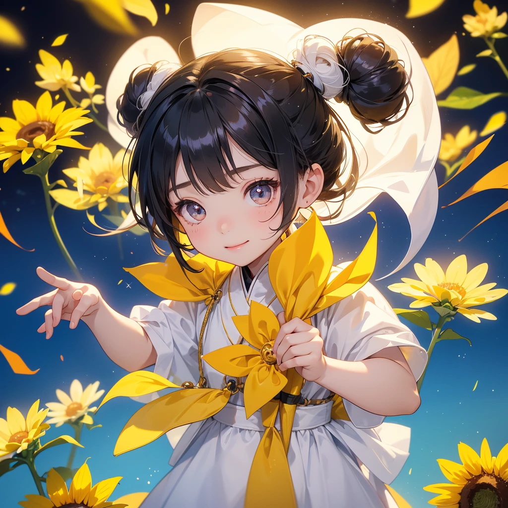 A chibi child girl had a small face and Wearing white little Taoist priest's outfit. A pair of big round eyes shone with curiosity about him. This child was so cute, Strolling among the sunflower fields Glowing yellow.
her hair is black with two buns on her hair.small chibi, chibi baby, smiling ,Chibi.