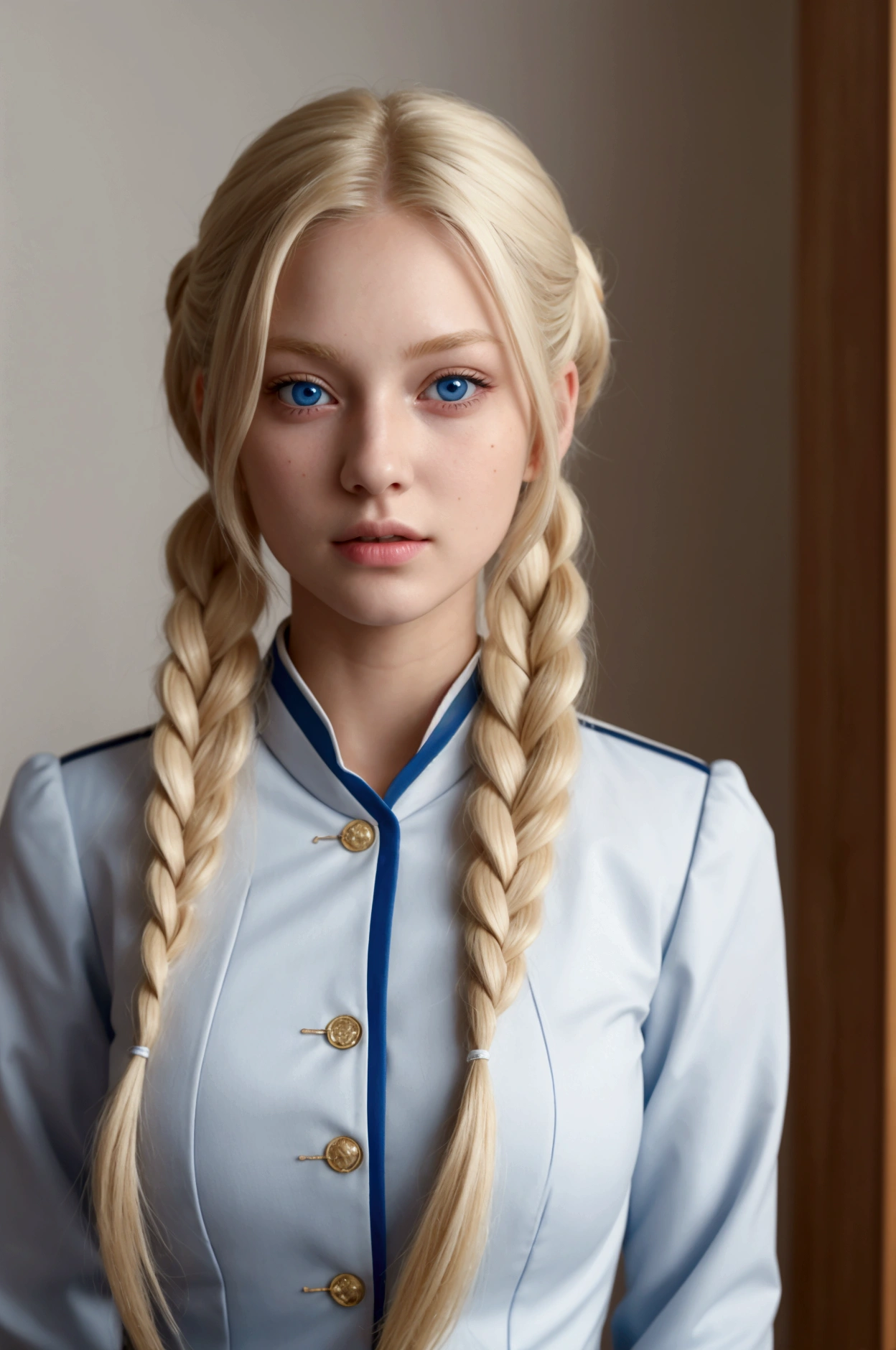 ((best quality)), ((masterpiece)), (detailed), 1girl, perfect face, very attractive beautiful 19 years old, blonde hair, blue eyed girl with blonde hair, her hair is vertical winding roll twin tail, attitude showing dignity, red uniform for woman, alluring breasts, white skin,1 female, 20th generation, High definition, masterpiece, Highest image quality, 8K, Super realistic, modelshot