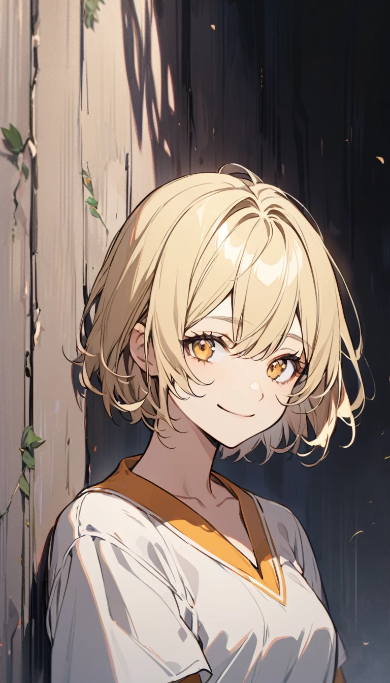 nice, Solitary, short hair, Golden Eyes, Blonde, White, Smiling face, front, Upper Body