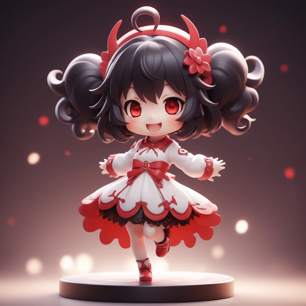 1girl, red eyes, chibi, open mouth, smile, ahoge, solo, looking at viewer, bangs, :d, teeth, blurry background, full body, blurry, hair ornament, hair between eyes, black hair, long sleeves, dress, standing, upper teeth only