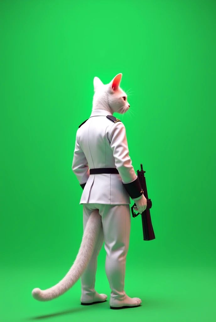 Full rear viewed, A white uniforms soldier cat standing with a gun in his hand. Plain full green screen background