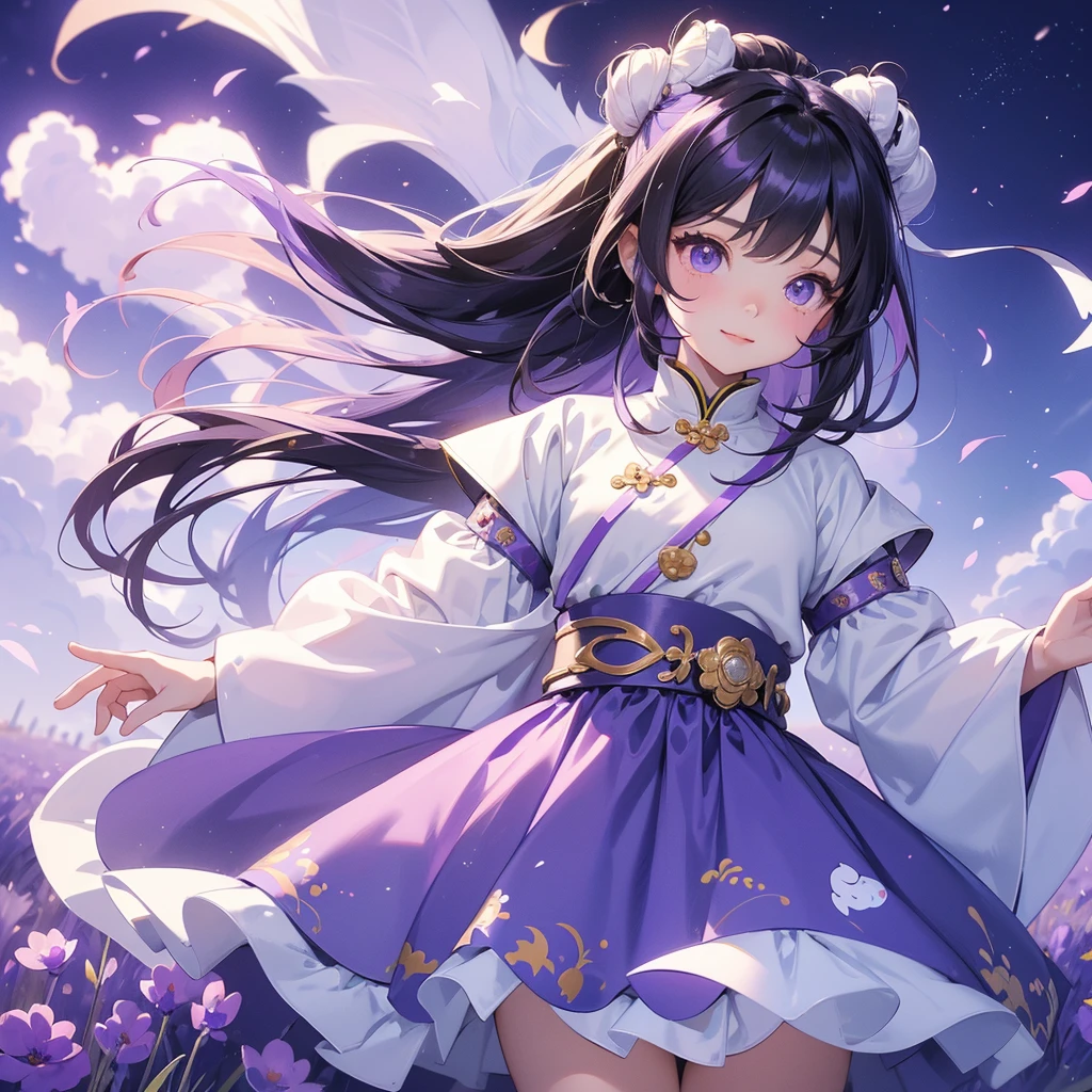 A chibi  girl had a small face and Wearing white little Taoist priest's outfit. A pair of big round eyes shone with curiosity about him. This childso cute, Stroll among the purple lavender fields , There are some floating clouds.

her hair is black with two buns on her hair.small chibi, chibi baby, smiling ,Chibi.

