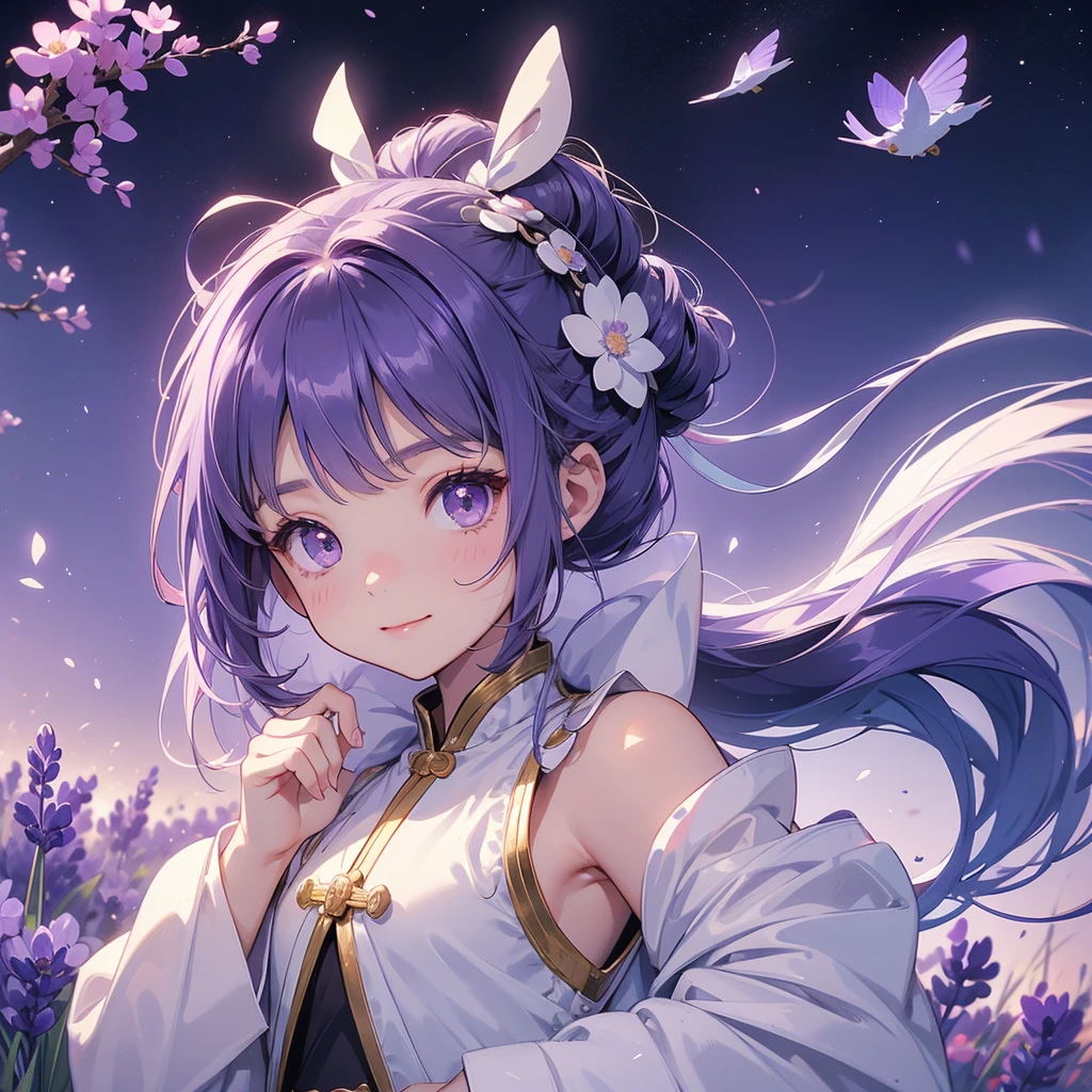 A chibi child girl had a small face and Wearing white little Taoist priest's outfit. A pair of big round eyes shone with curiosity about him. This child was so cute, Stroll among the purple lavender fields , There are some floating clouds.
her hair is black with two buns on her hair.small chibi, chibi baby, smiling ,Chibi.