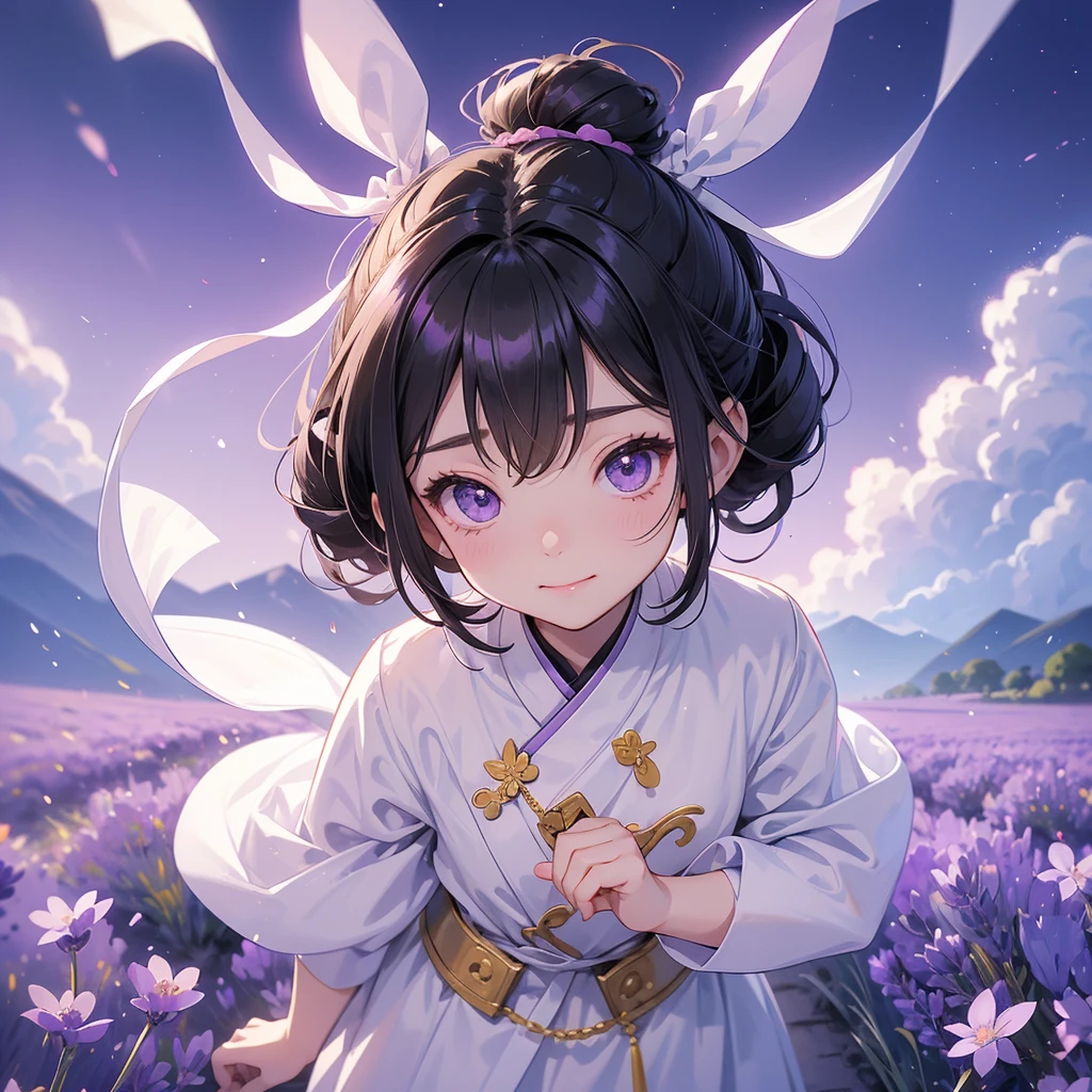 A chibi child girl had a small face and Wearing white little Taoist priest's outfit. A pair of big round eyes shone with curiosity about him. This child was so cute, Stroll among the purple lavender fields , There are some floating clouds.
her hair is black with two buns on her hair.small chibi, chibi baby, smiling ,Chibi.